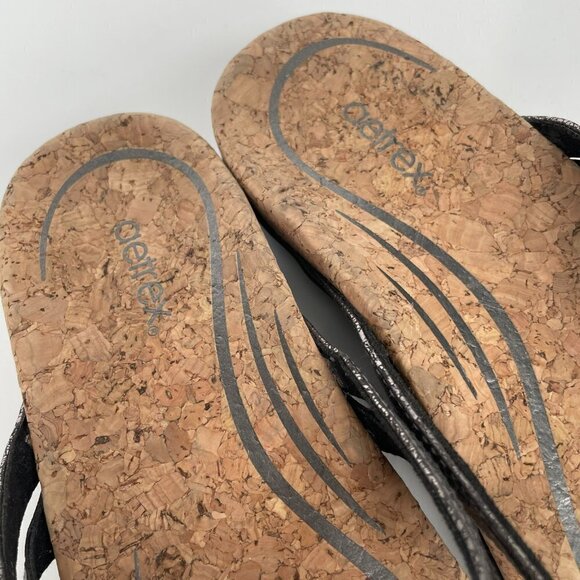 Aetrex Taylor Metallic Leather Cork Footbed Casual Thong Sandals Pewter Gray 6 - Picture 7 of 8